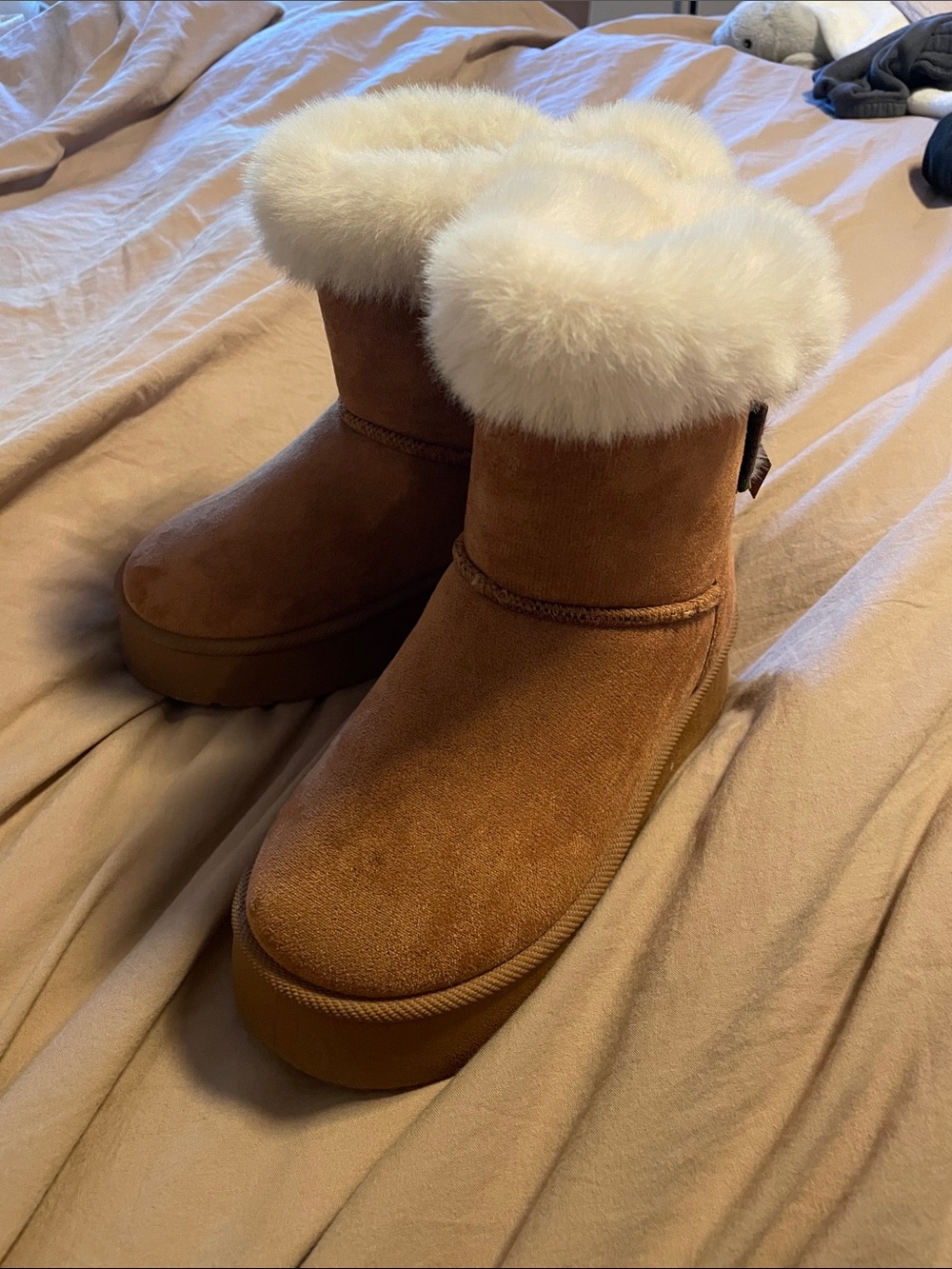 Women’s Chestnut Suede Winter Boot with White Faux Fur Cuff